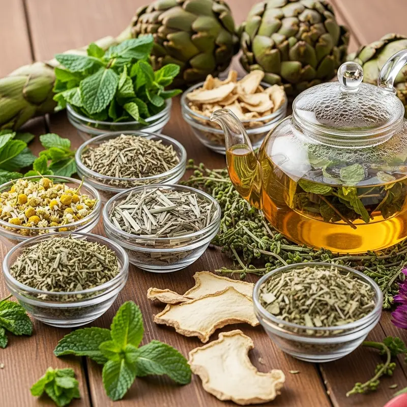 Nhiều loại thảo mộc khô và tươi được bày biện sẵn sàng cho việc pha trà.