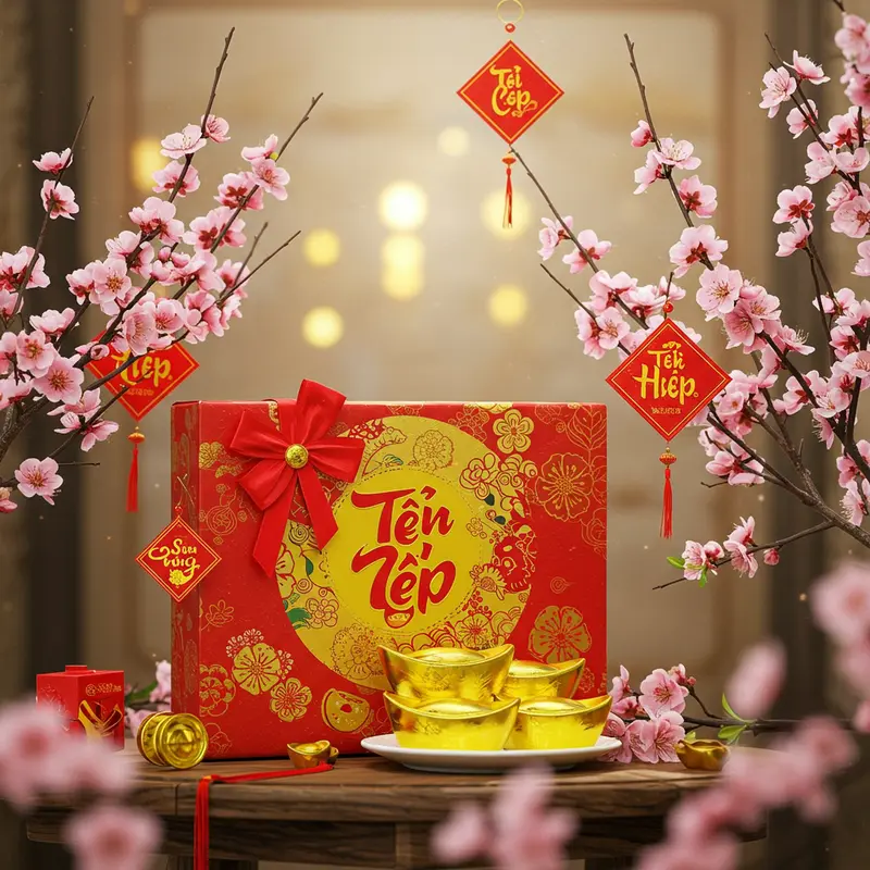 Hộp quà Tết trang trí màu đỏ vàng nổi bật bên hoa mai, hoa đào, ánh sáng xuân ấm áp, thể hiện sự sang trọng và ấm áp.