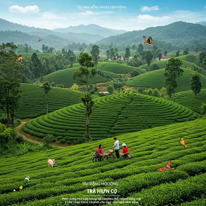 Hình ảnh thể hiện sự đối lập giữa vườn trà hữu cơ và vườn trà truyền thống.