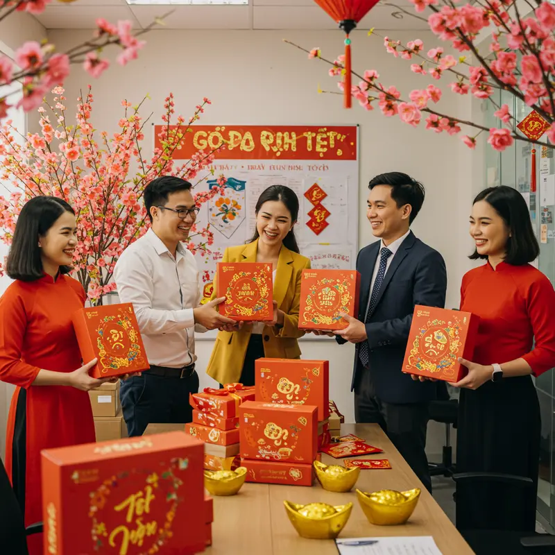 Cảnh đồng nghiệp trao nhau hộp quà Tết hữu cơ giữa không gian văn phòng trang trí hoa đào ngày Tết.