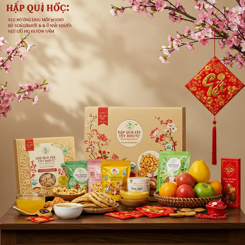 Hộp quà Tết hữu cơ sang trọng trên bàn với nhiều loại thực phẩm sạch, hoa đào nở rộ và vật dụng ngày Tết