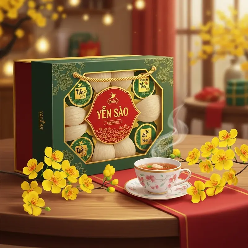 Hộp quà yến sào đặt cạnh chén trà và hoa mai vàng trong không gian Tết ấm áp.