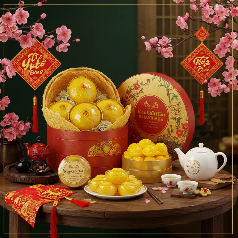 Hộp quà yến sào sang trọng đặt cạnh hoa đào và trà cụ, không khí Tết rực rỡ.