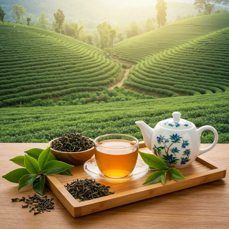 Tách trà hữu cơ bày trên khay, cạnh lá trà tươi và ấm sứ trong khung cảnh thiên nhiên.