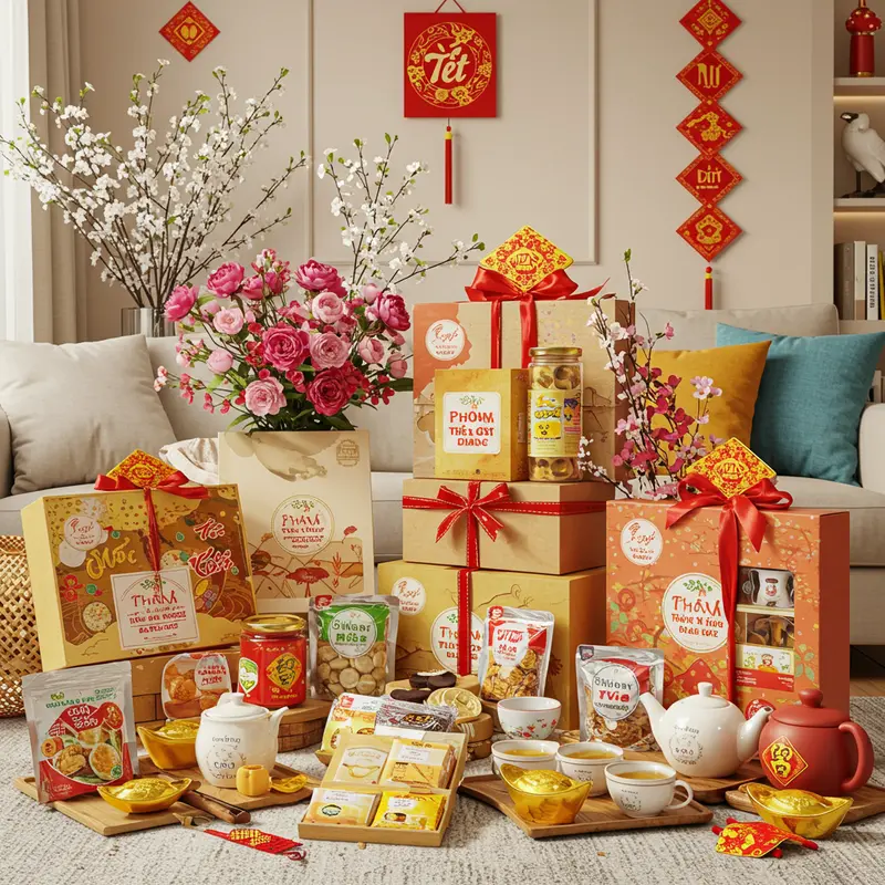 Bàn phòng khách trang trí hoa xuân và các hộp quà Tết hữu cơ, tạo không khí đón Tết truyền thống.