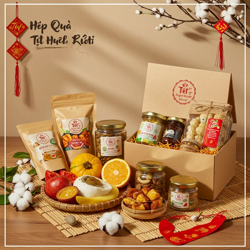 Hộp quà Tết hữu cơ đặt trên chiếu tre, bao quanh là giấy kraft, thuỷ tinh và vải cotton.