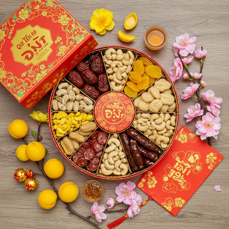 Hình ảnh hộp quà Tết đặc sản Việt Nam gói bọc sang trọng kèm hoa trang trí lễ hội.
