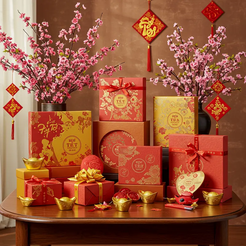 Các hộp quà Tết cao cấp, hoa đào, hoa mai và phụ kiện trang trí trên bàn gỗ, tôn vinh nét đẹp quà tặng doanh nghiệp.