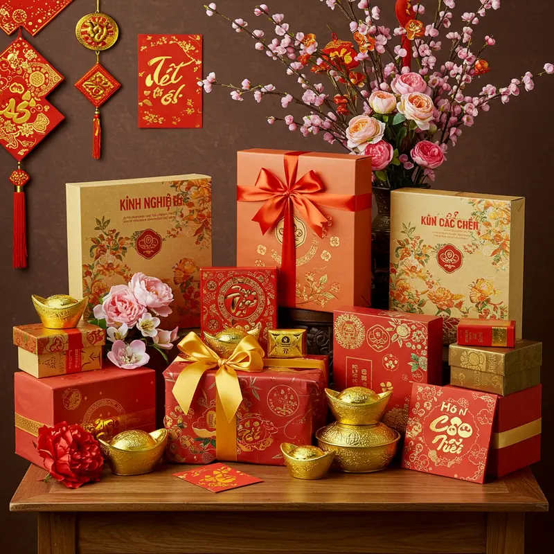 Hình ảnh hộp quà Tết sang trọng trên bàn gỗ cùng hoa tươi và bao lì xì