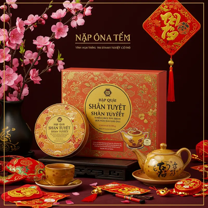 Hình ảnh hộp quà Tết sang trọng với trà Shan Tuyết cổ thụ bên cạnh hoa đào và trang trí Tết.