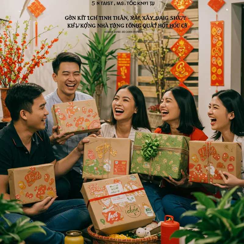 Hộp quà Tết hữu cơ với trái cây khô, trà thảo mộc và thực phẩm tươi an toàn.