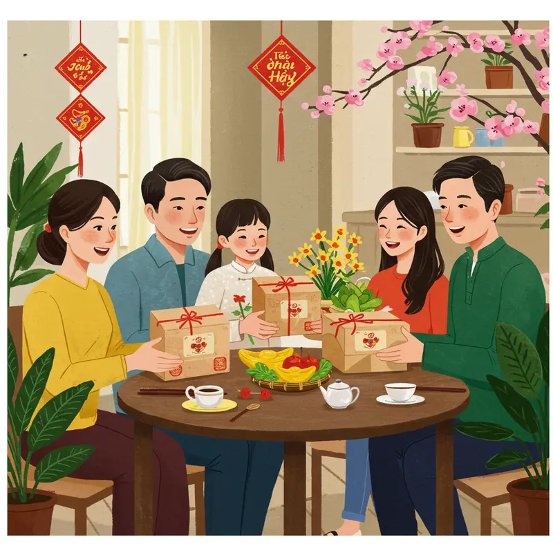 Giỏ quà Tết hữu cơ với trái cây tươi, trà thảo mộc và hạt dinh dưỡng trong không gian đậm nét Tết.