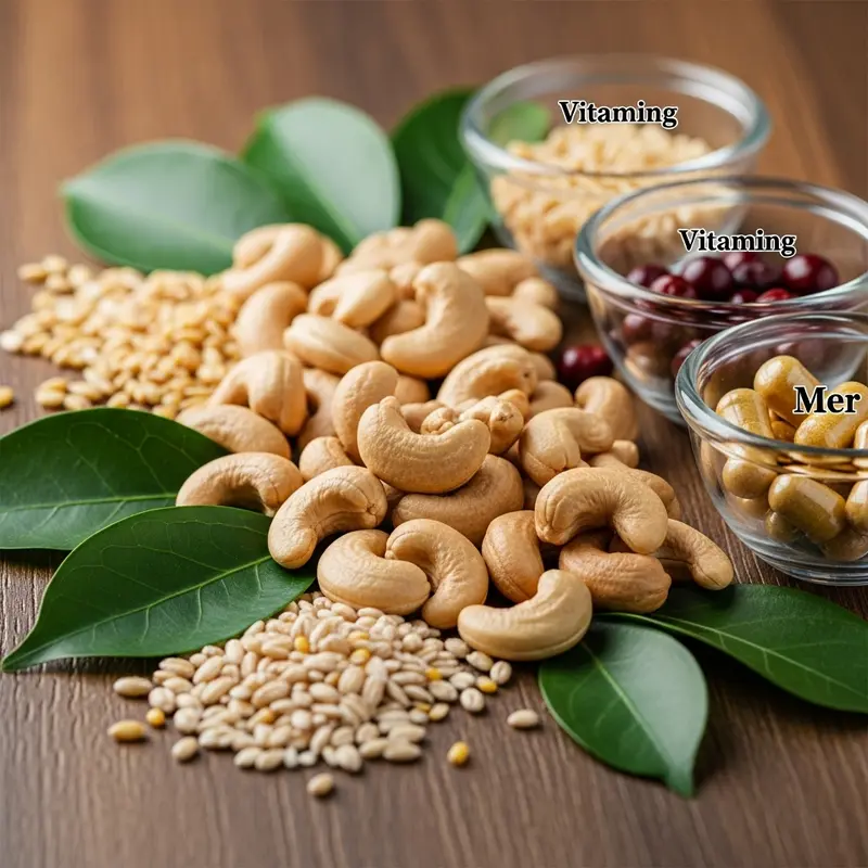 Hộp quà Tết truyền thống với hạt điều vàng óng và hoa mai trang trí.