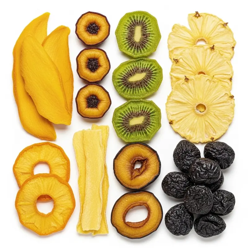 Bàn tiệc ngày Tết với đĩa trái cây sấy dẻo, khô hấp dẫn bên tách trà.