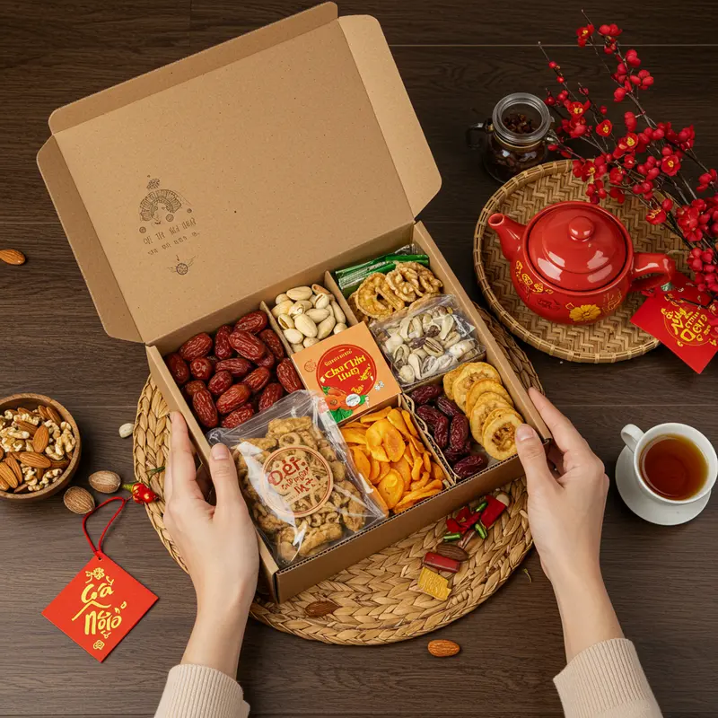 Hộp quà Tết hữu cơ sang trọng và gần gũi với thiên nhiên.