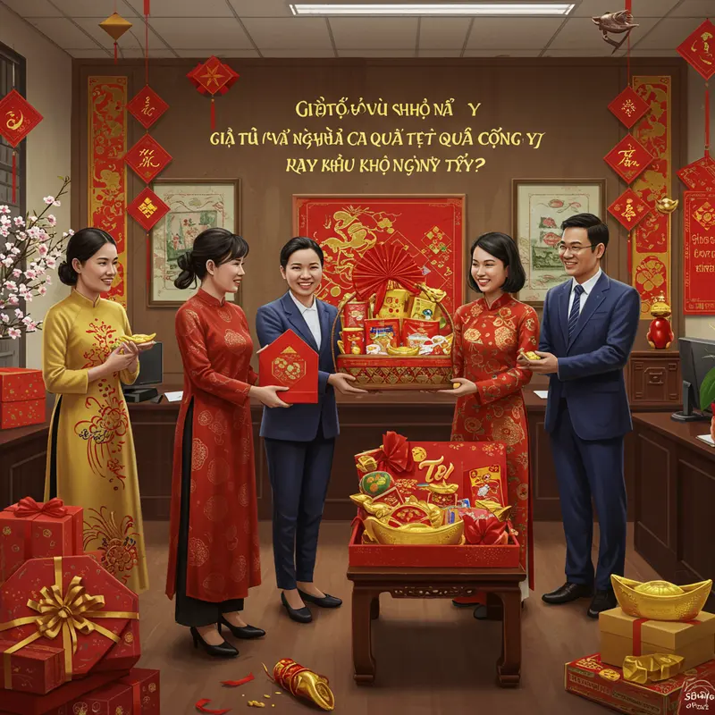 Nhân viên nhận quà Tết trong văn phòng trang trí rực rỡ không khí xuân.