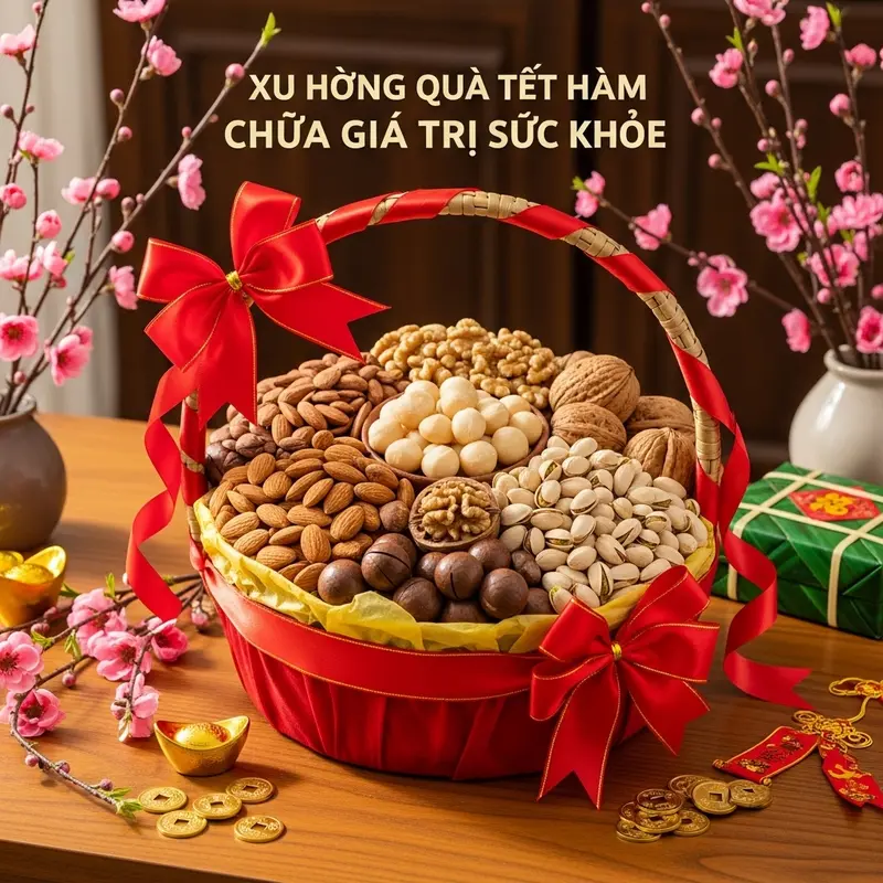 Giỏ quà Tết với các loại hạt dinh dưỡng cao cấp đặt cạnh những phụ kiện trang trí truyền thống.