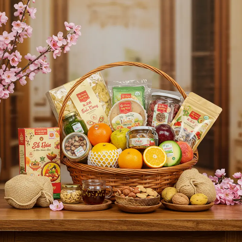 Giỏ quà Tết hữu cơ với trái cây tươi, trà thảo mộc và hạt dinh dưỡng trong không gian đậm nét Tết.
