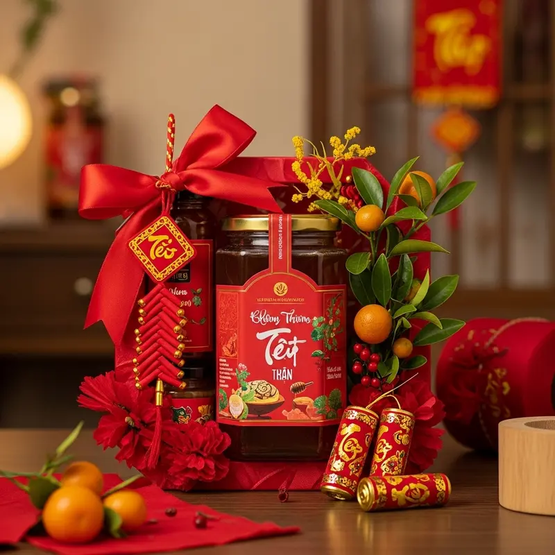 Lọ mật ong nguyên chất màu vàng óng đặt trên bàn gỗ cùng cành hoa dại và que khuấy mật.