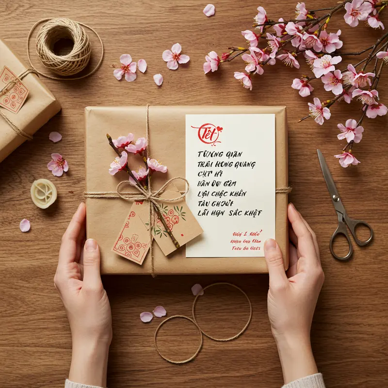 Giỏ quà Tết hữu cơ với trái cây tươi, trà thảo mộc và hạt dinh dưỡng trong không gian đậm nét Tết.