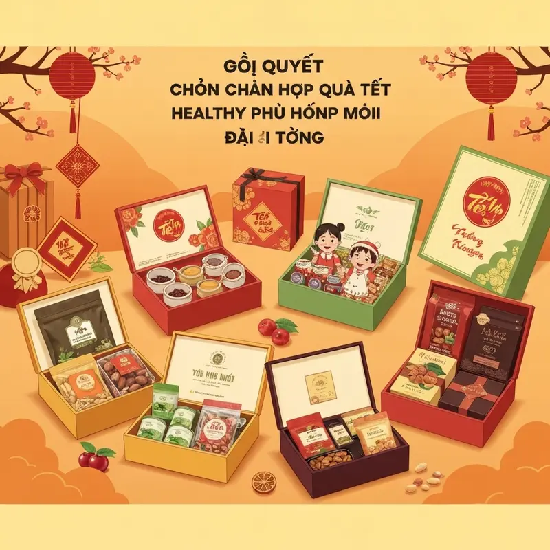 Hộp quà Tết healthy với các loại hạt dinh dưỡng, trà thảo mộc và trái cây sấy.