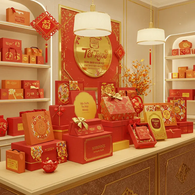 Hộp quà Tết được sắp xếp tinh tế, tượng trưng cho tấm lòng dịp năm mới.