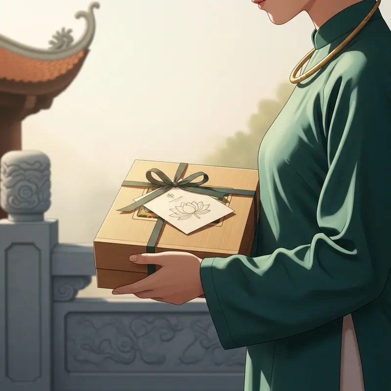 Bộ hộp quà Tết chay cùng các món ăn thuần chay bên cạnh hoa sen, biểu trưng của thanh tịnh và đạo Phật.