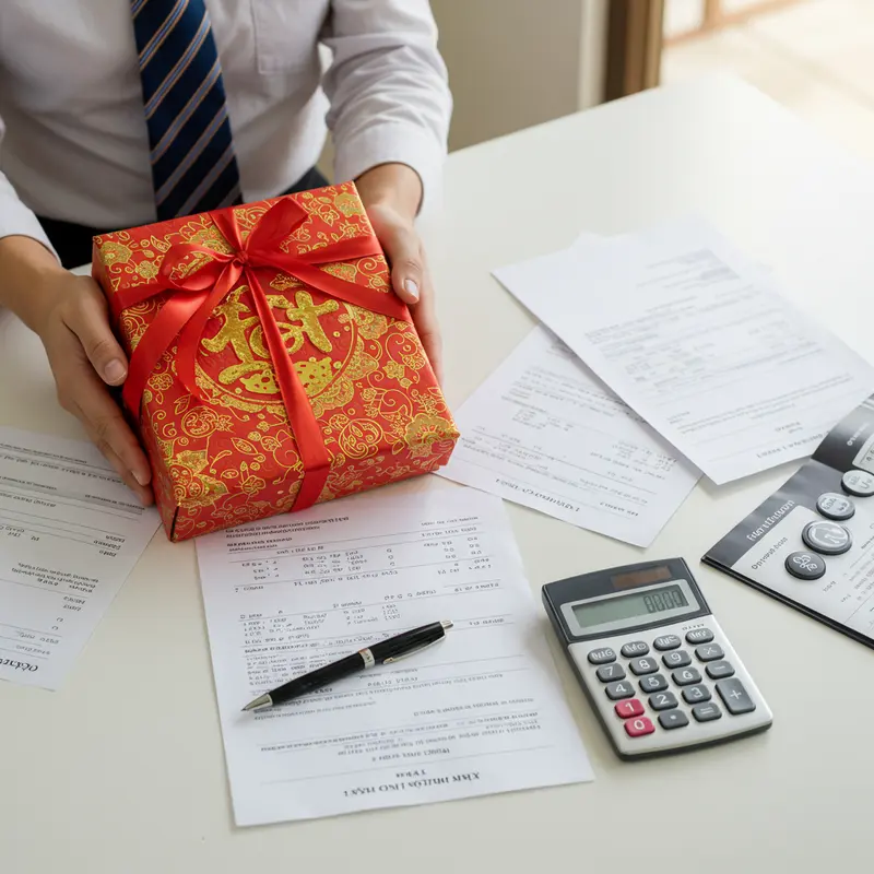 Hộp quà Tết doanh nghiệp với logo nổi bật và họa tiết truyền thống trên bàn làm việc.