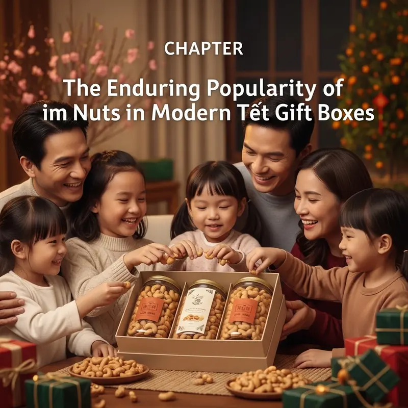 Hộp quà Tết truyền thống với hạt điều vàng óng và hoa mai trang trí.