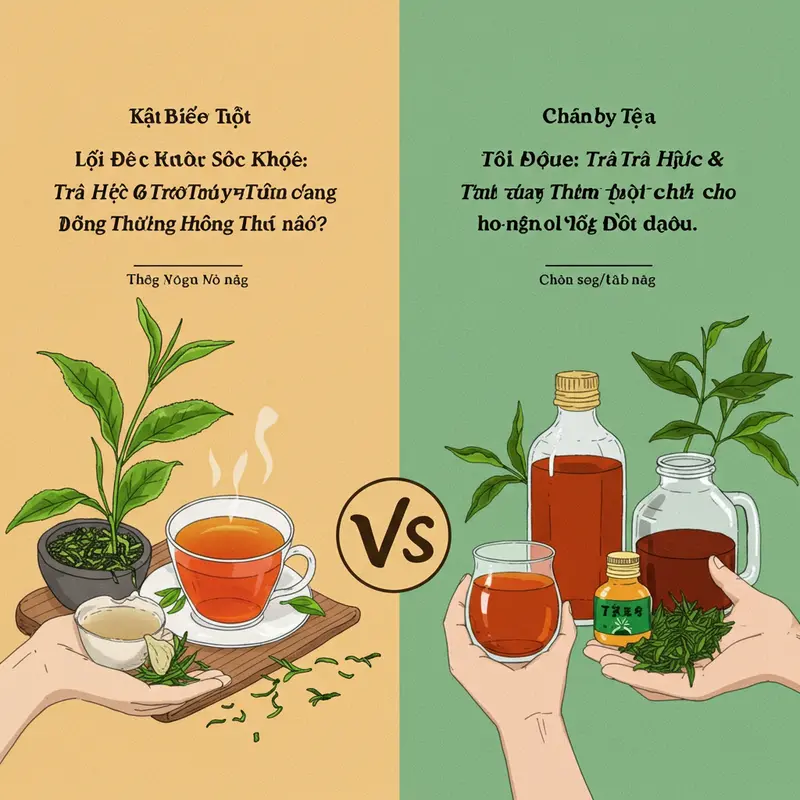 Hình ảnh thể hiện sự đối lập giữa vườn trà hữu cơ và vườn trà truyền thống.