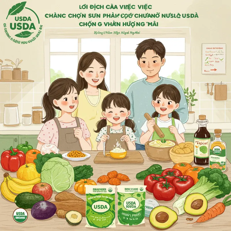 Hình ảnh tem chứng nhận hữu cơ USDA trên rau củ quả tươi.