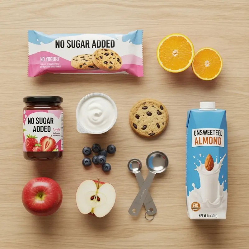 Bàn ăn với thực phẩm đa dạng: đồ ăn 'Không thêm đường', hoa quả tươi và thìa đo lường