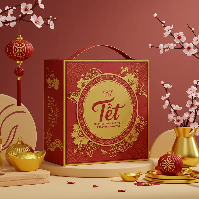 Hộp quà Tết theo phong cách tối giản với sắc màu trắng, vàng, đỏ tinh tế.