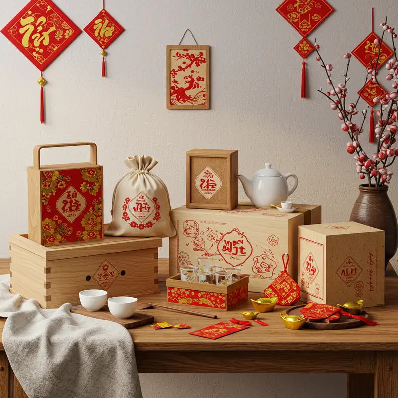 Hộp quà Tết hữu cơ sử dụng giấy kraft, tre và gỗ tái chế được trang trí tự nhiên.