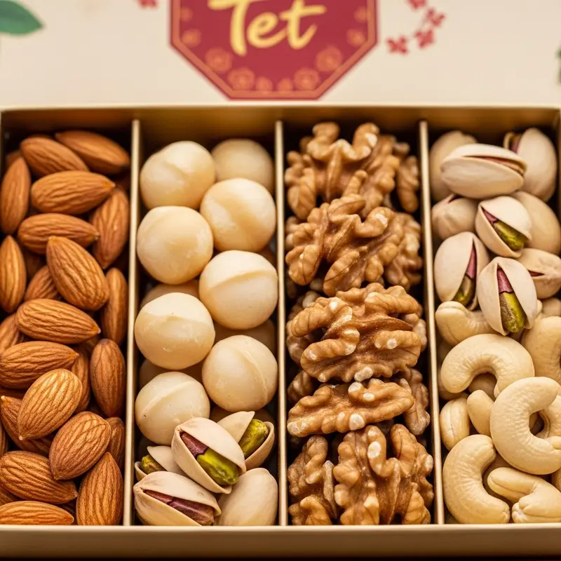 Giỏ quà Tết với các loại hạt dinh dưỡng cao cấp đặt cạnh những phụ kiện trang trí truyền thống.