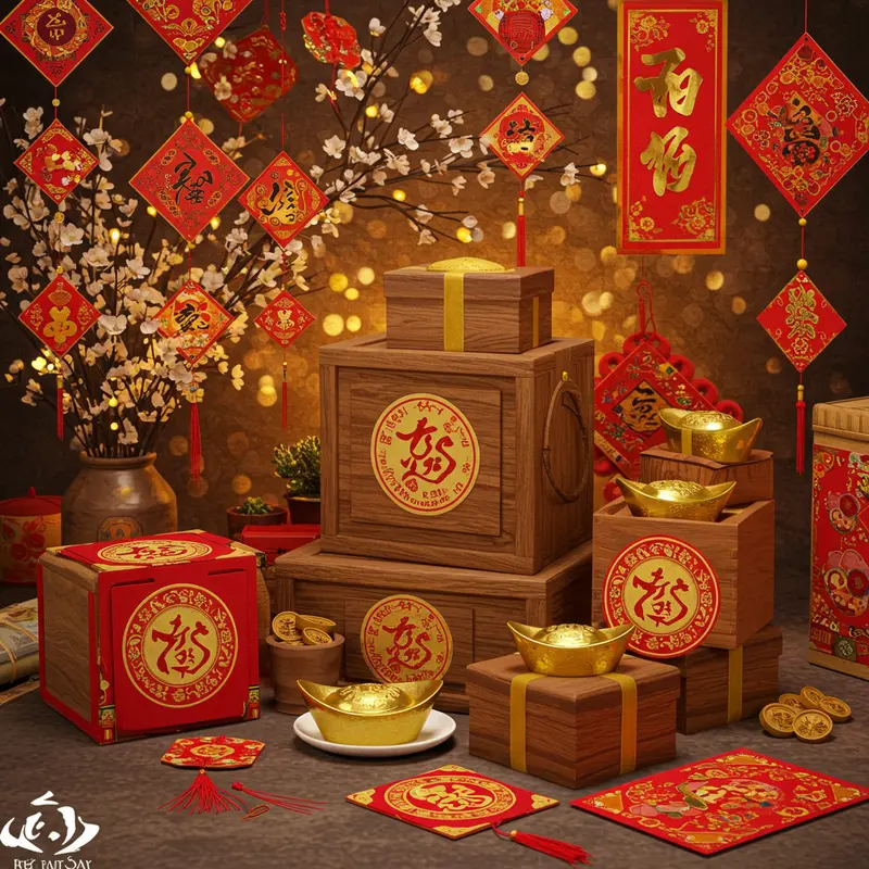 Hộp quà Tết bằng gỗ bên cạnh các vật trang trí ngày Tết Việt cổ truyền.