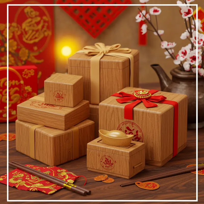 Hộp quà Tết bằng gỗ sang trọng, nổi bật trên bàn tiệc ngày Tết Việt.