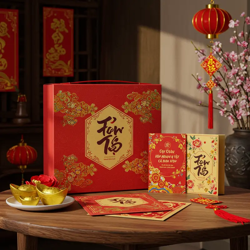 Hộp quà Tết doanh nghiệp cá nhân hóa với logo và thông điệp thiết kế riêng.