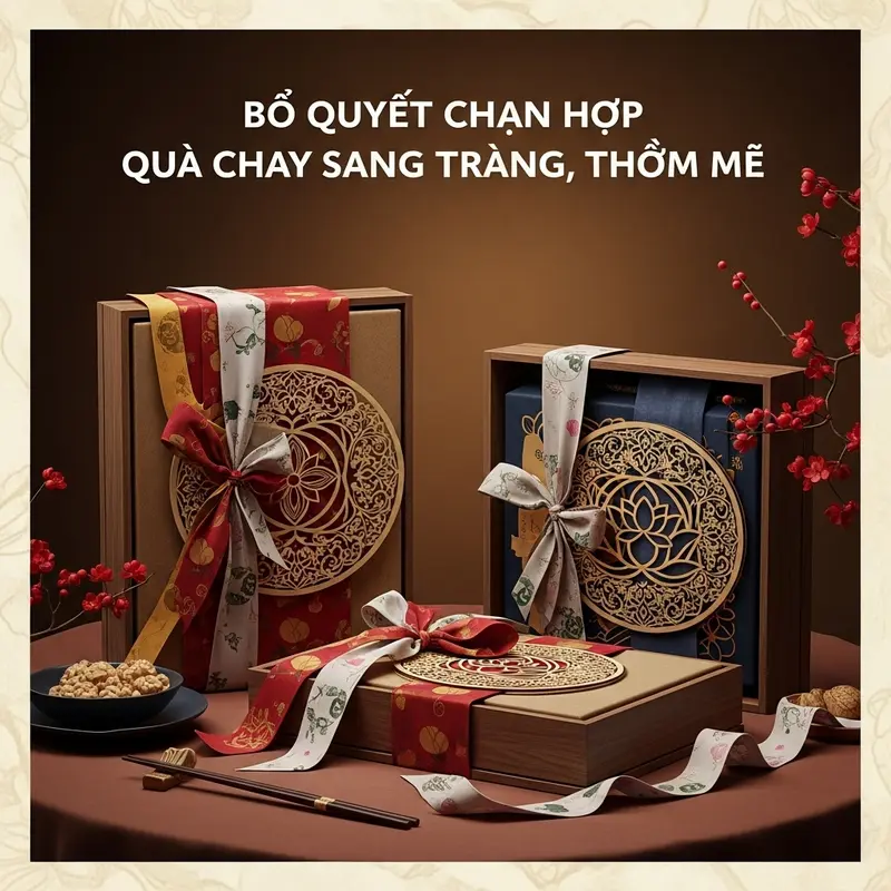 Bộ hộp quà Tết chay cùng các món ăn thuần chay bên cạnh hoa sen, biểu trưng của thanh tịnh và đạo Phật.