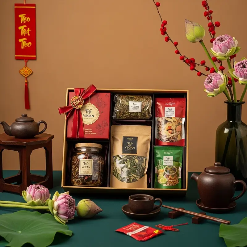 Hộp quà Tết chay đẹp mắt phối hợp hài hòa với trà, hoa sen, và không gian nhẹ nhàng đậm chất Tết.