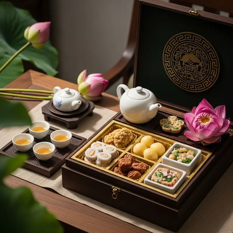 Bộ hộp quà Tết chay cùng các món ăn thuần chay bên cạnh hoa sen, biểu trưng của thanh tịnh và đạo Phật.