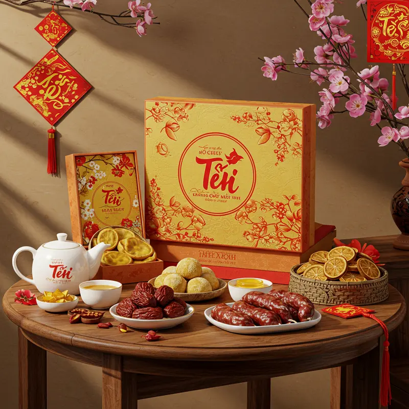 Hộp quà Tết đặc sản Việt Nam với các món truyền thống và trang trí hoa mai, hoa đào.