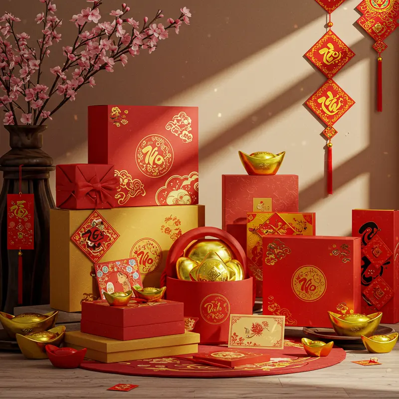 Dàn hộp quà Tết thiết kế cao cấp, in ấn logo thương hiệu và thiệp chúc mừng cá nhân hóa.