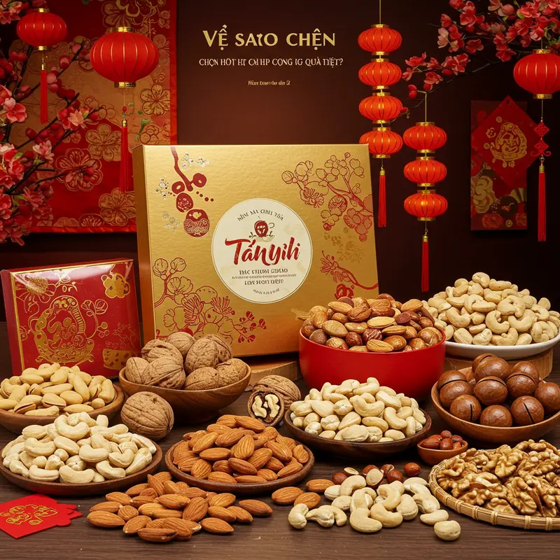 Hộp quà Tết sang trọng với các loại hạt cao cấp tươi ngon.