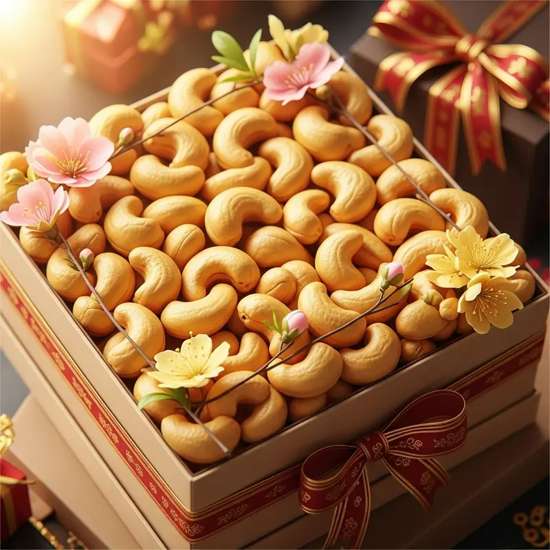 Hạt điều vàng óng trong hộp quà Tết trang nhã với hoa xuân.