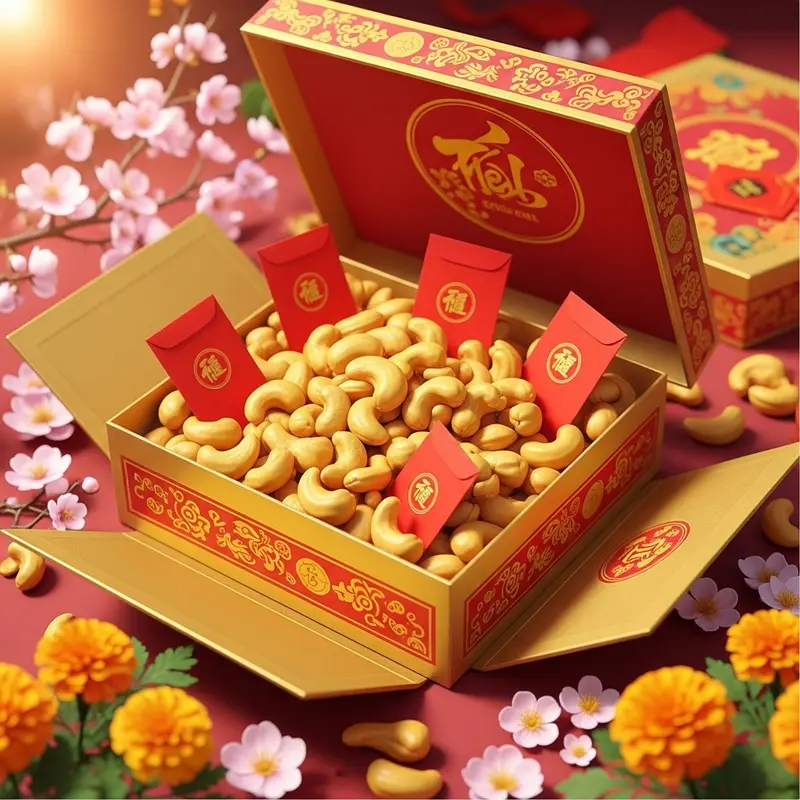 Hộp quà Tết truyền thống với hạt điều vàng óng và hoa mai trang trí.