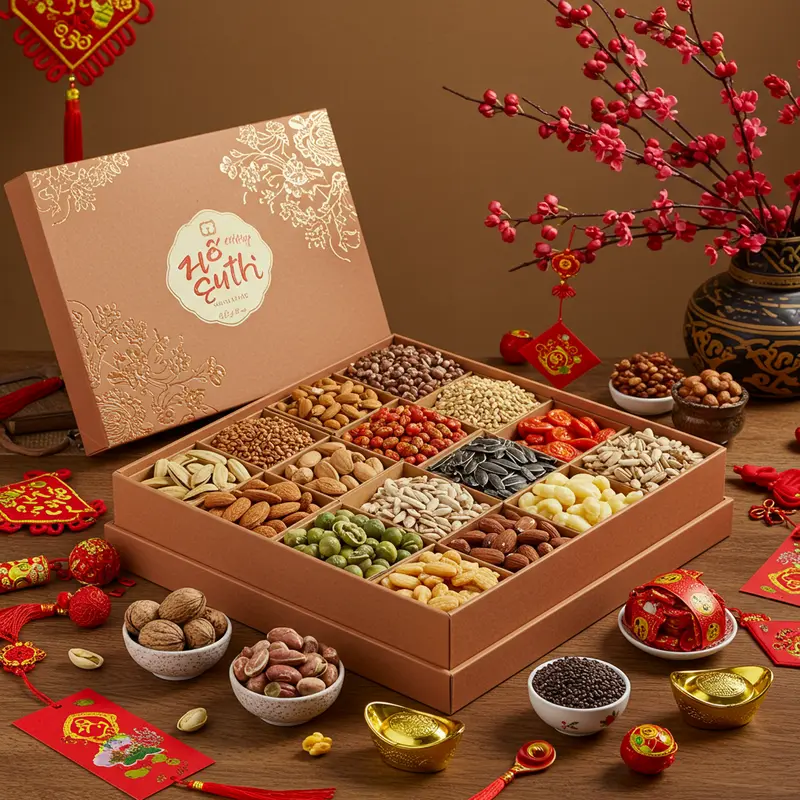 Hộp quà Tết hữu cơ với các loại hạt dinh dưỡng rực rỡ, tràn đầy ý nghĩa.