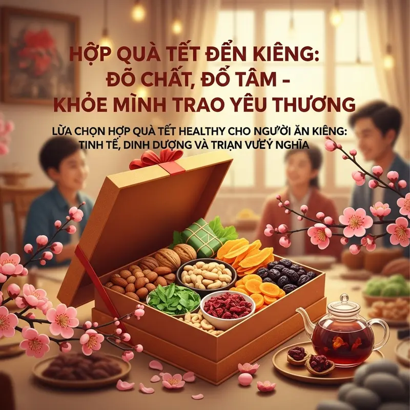 Hộp quà Tết cao cấp với thực phẩm healthy: hạt dinh dưỡng, trái cây sấy, trà thảo mộc trong khung cảnh gia đình sum vầy.