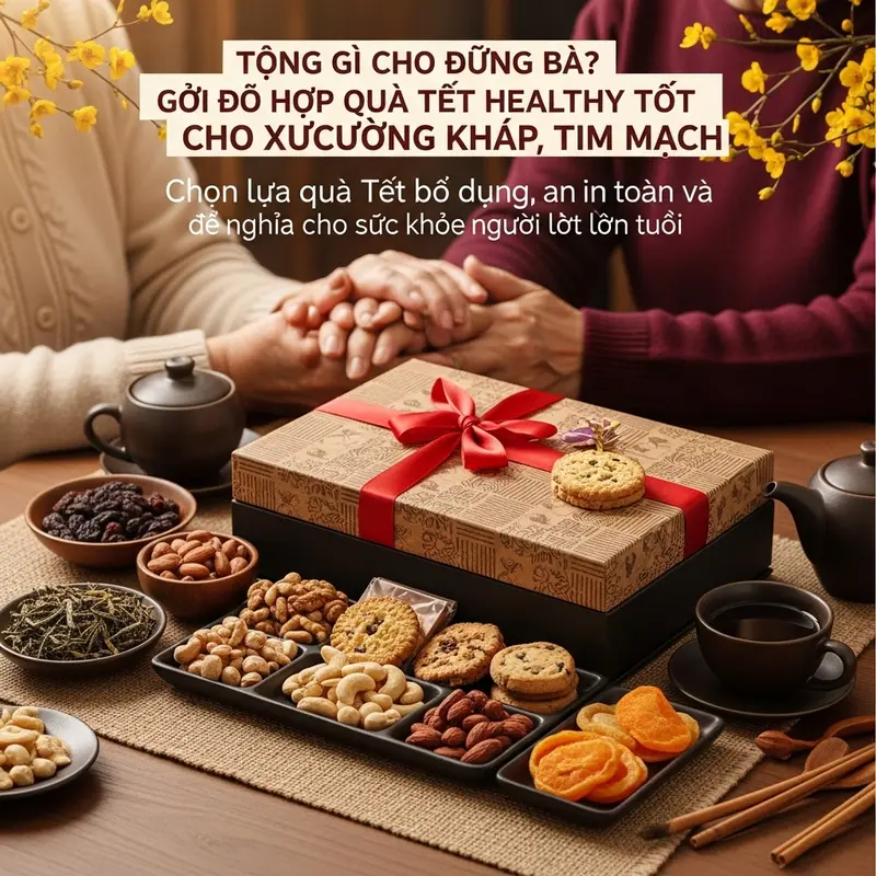 Hộp quà Tết với nhiều loại thực phẩm bổ dưỡng bên tay ông bà, biểu tượng cho sự quan tâm và kết nối gia đình.