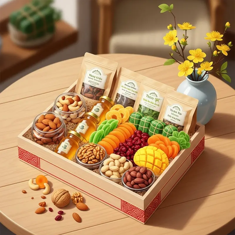 Hộp quà Tết với nhiều sản phẩm tốt cho sức khỏe đặt cạnh bình hoa mai vàng.